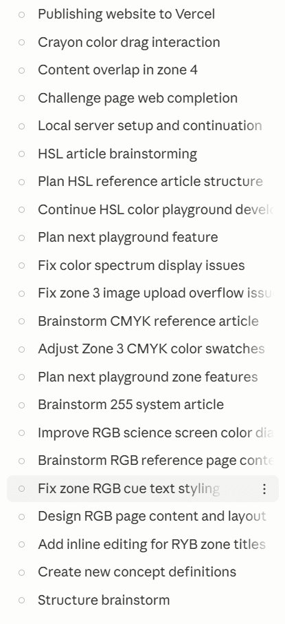 Claude Projects session list - every session logged throughout the Chromata build