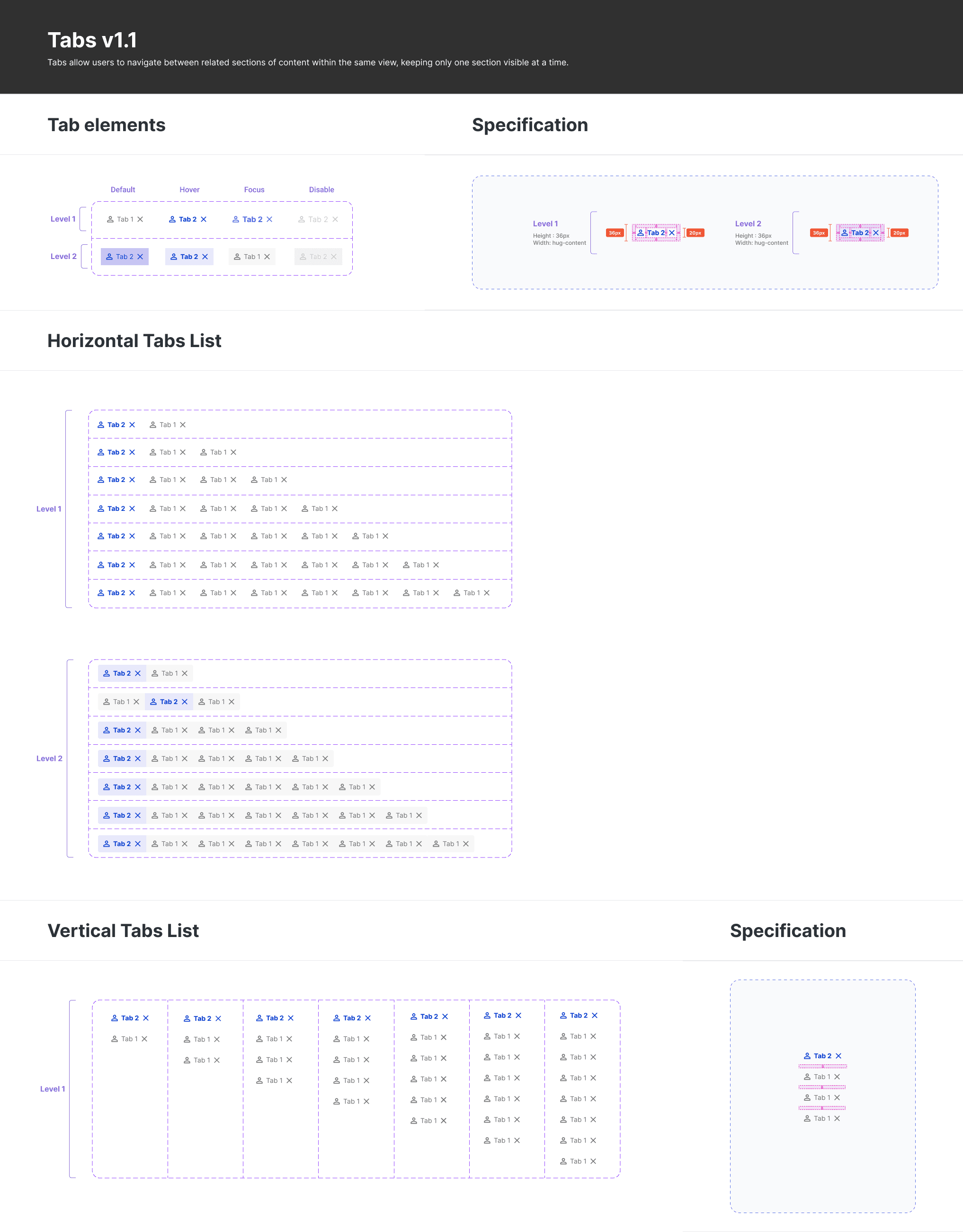 Tabs v1.1 component documentation - tab elements, specification, and horizontal and vertical list variants