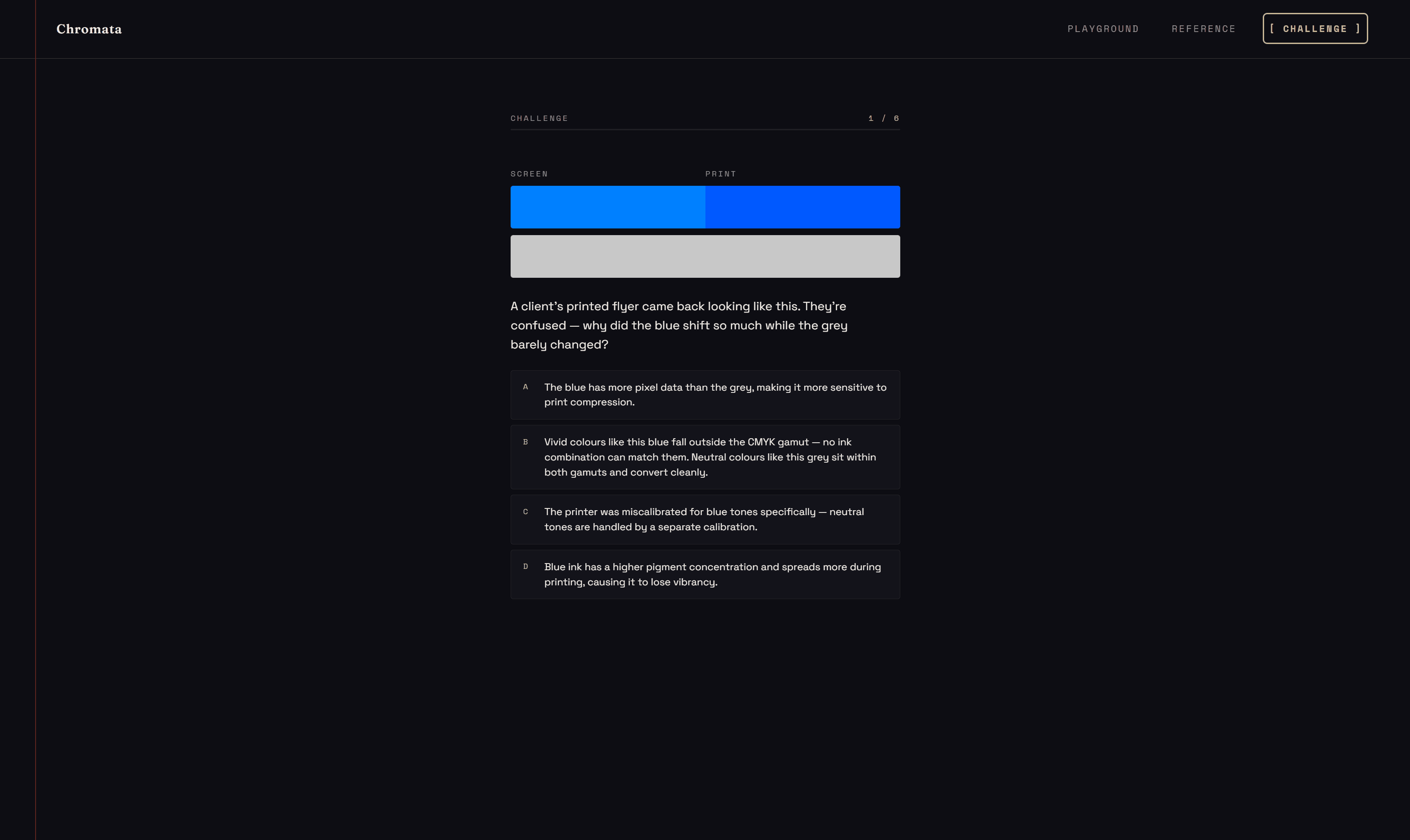 Chromata - Challenge section with scenario-based questions